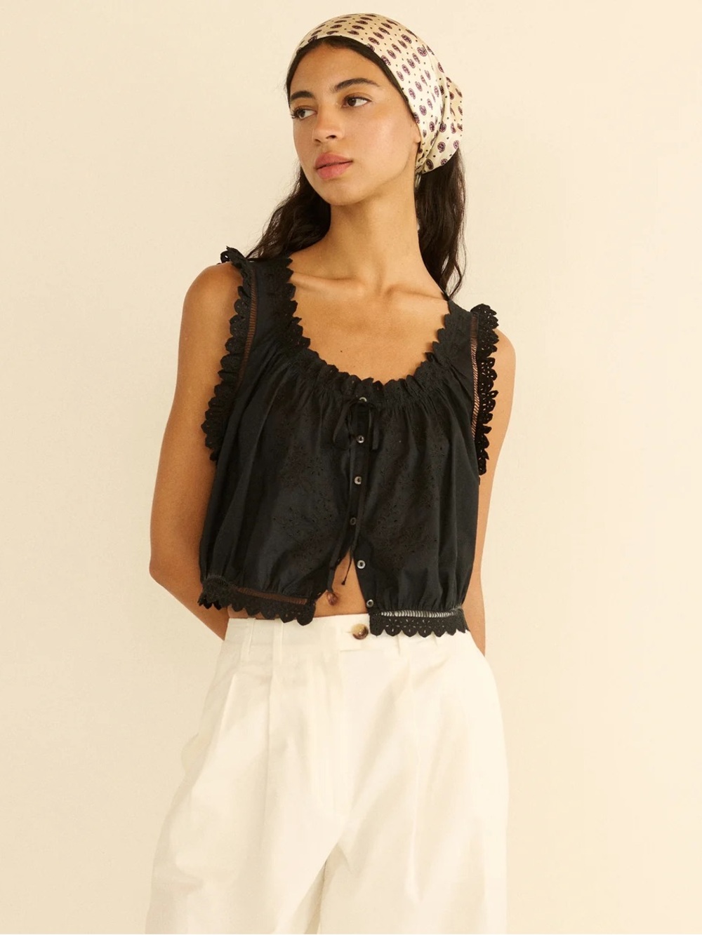 Doen Traveler Top - Black Eyelet Crochet-Trim Cropped Cami